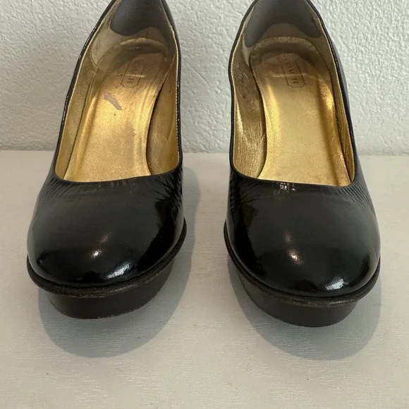 Vintage Coach Womens Pump Size 9 Black Patent Block Heel Platform Shoe Mob Wife - Picture 7 of 13